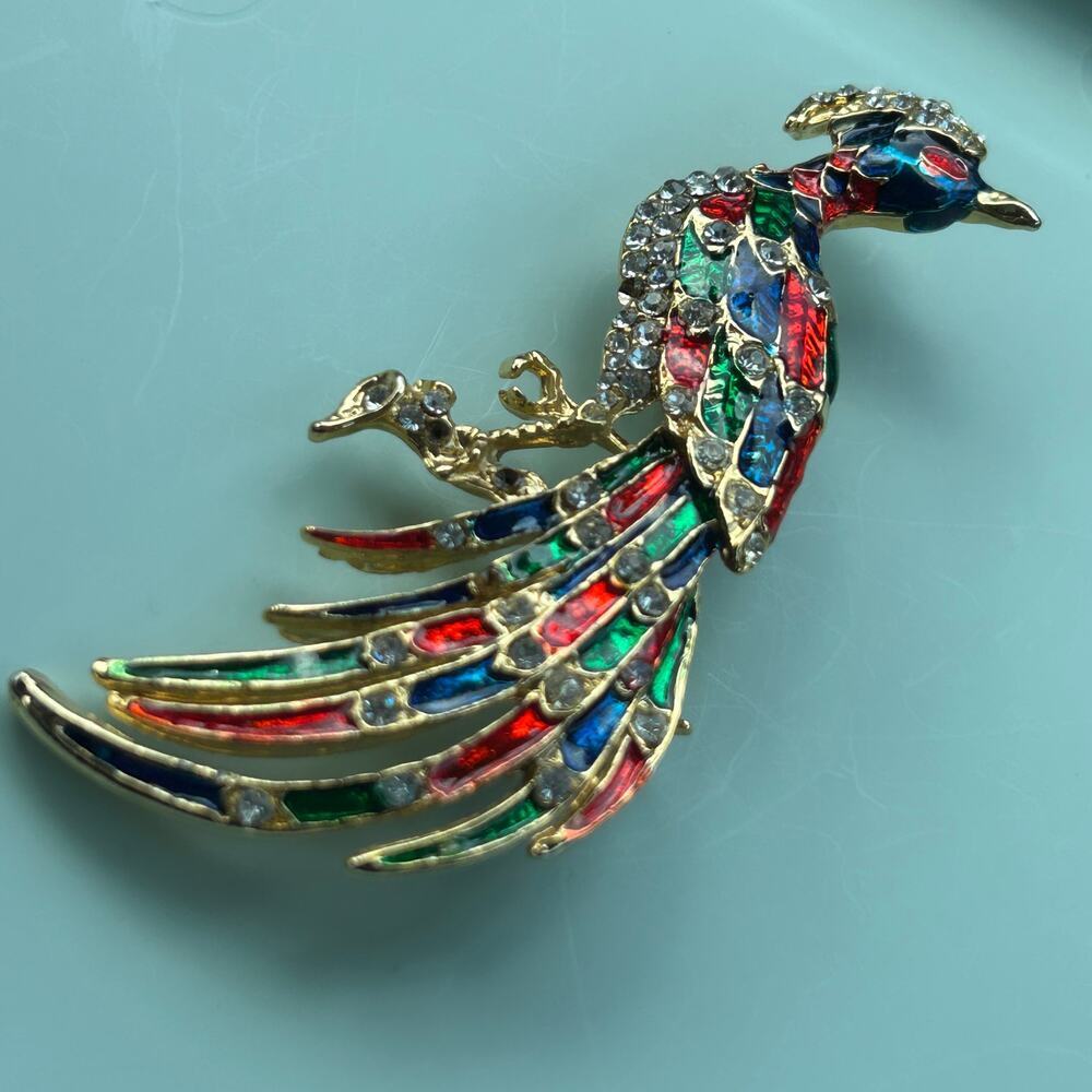 Vintage Multi-Colored Enamel Peacock Brooch Gold-Tone Rhinestone Bird Pin - Picture 9 of 10